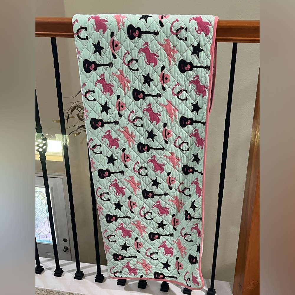 KICKEE PANTS Pink and Black Western Cowgirl Print Quilted BABY BLANKET, 52”x 32” - Picture 5 of 11